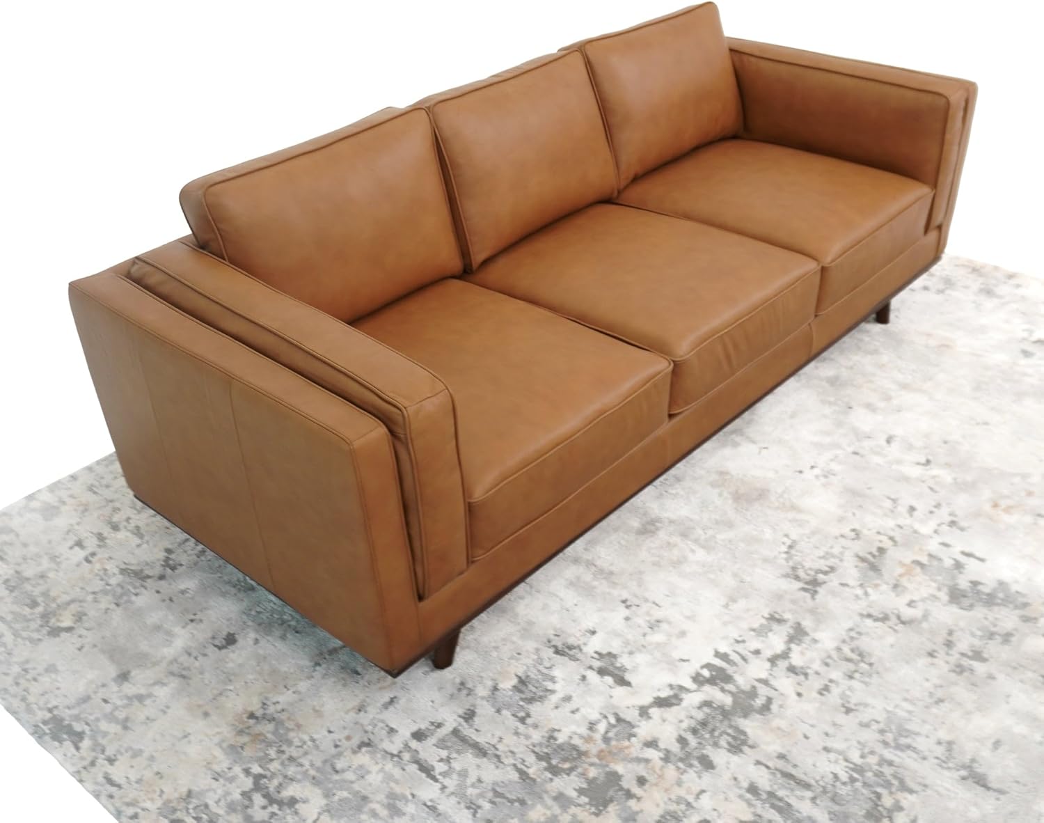 Mid Century Modern Tan Genuine Leather Sofa 3 Seat,Wood Frame