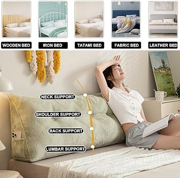 Fleece Wedge Headboard Pillow,Large Backrest Triangular Headboard Reading Pillow,Solid Color Positioning Support Bed Rest Cushion Removable Daybed Bolster Cover,Green,59inch/Queen