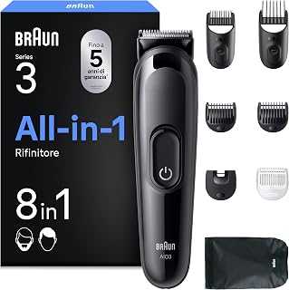 Braun Rifinitore All-in-One Series 3, Rasoio Elettrico Barba e Capelli 8in1, Lama Ultra Affilata, Rasoio Elettrico Corpo Uomo, 14 Lunghezze, 50 Min. di Autonomia, Styling Facile Viso e Capelli,Aio3545