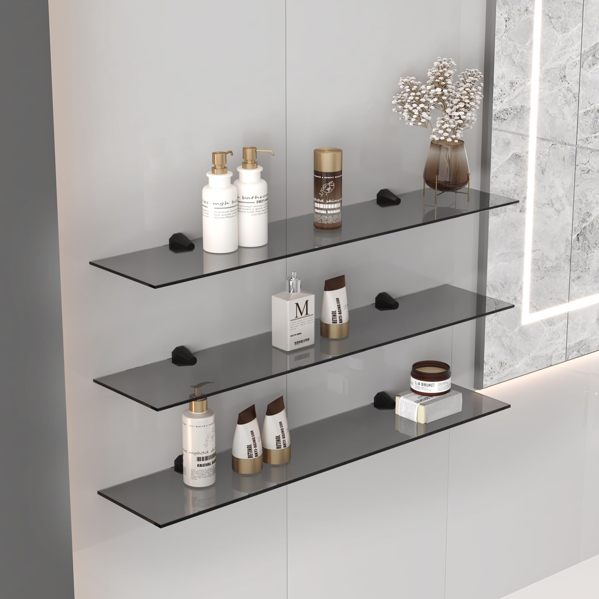 Euro Tische 90cm Glas Wandregal Grauglas- Glas Regal für Badezimmer in verschiedenen Größen