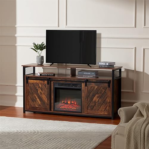 Mdeam 58" Countryside Electric Fireplace TV Stand Entertainment Center with Sliding Barn Doors for TVs up to 65 Inch(Rustic Brown)