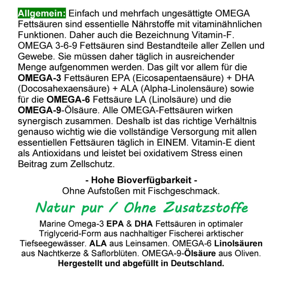 OMEGA 3-6-9 EPA + DHA + ALA - 360 (3x120) Kapseln 2000mg ESSENTIELLE Fettsäuren/Tag - BLUT - HERZ - KREISLAUF - GEHIRN - ZELLEN - CHOLESTERIN - Mit Antioxidans Vitamin E - OHNE ZUSATZSTOFFE. 27060-3