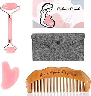 Birthing Comb for Labor Pain and Gua Sha Facial Tools, Post Partum/Home Delivery Essentials, Pregnancy/Birth/Hospital Bag Must Haves, Jade Roller Stone Massager,Gifts for Expecting Mom Women (Pink)