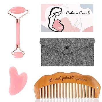 Birthing Comb for Labor Pain and Gua Sha Facial Tools, Post Partum/Home Delivery Essentials, Pregnancy/Birth/Hospital Bag Must Haves, Jade Roller Stone Massager,Gifts for Expecting Mom Women Pink