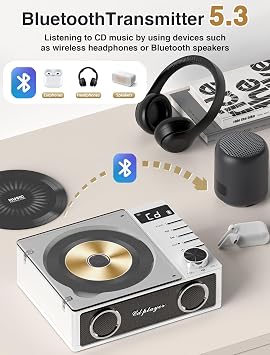 Çift Hoparlörlü 4000mAh Şarj Edilebilir CD Çalar, FM Radyo ile Bluetooth Masaüstü CD Çalar, Uzaktan Kumandalı CD Boombox, LCD Ekran, Destek USB/TF Kartı/AUX/3.5mm Ev için Kulaklık Jakı (Siyah)