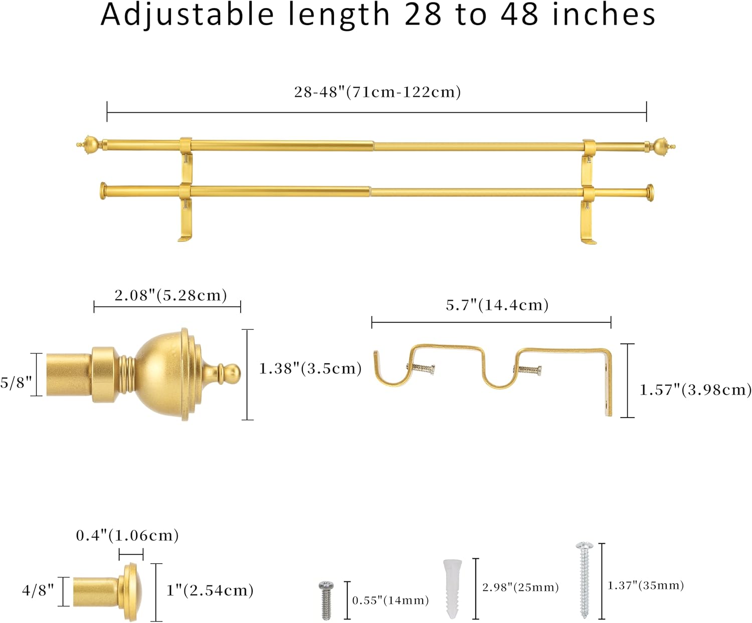 5/8" Double Curtain Rod with Royale Finials,Gold,28‘’-48‘’