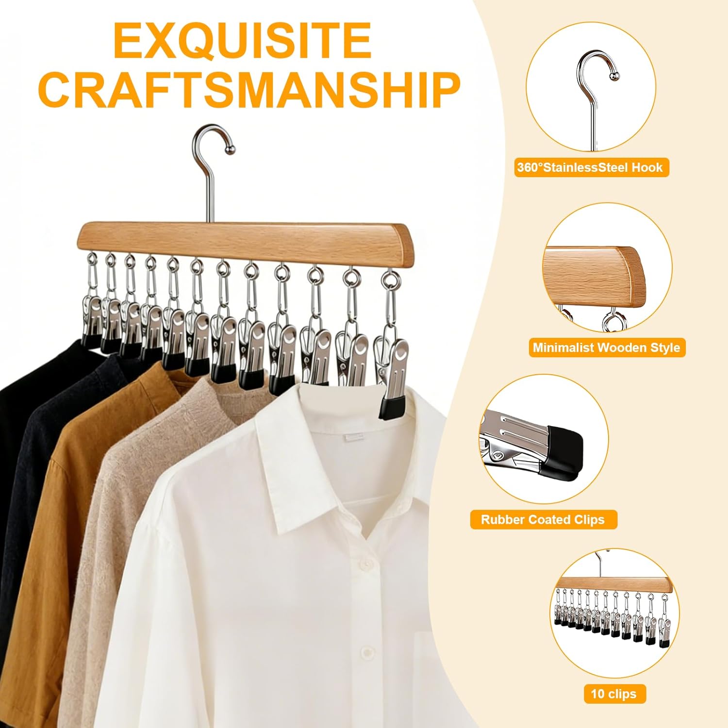 Closet Organizer with 10 Clips, 2 Pack Legging Organizer for Closet 10 Clips, Space Saving Hanging, Wooden, Multifunctional Storage for Clothes, Leggings, Sock, Jeans & More