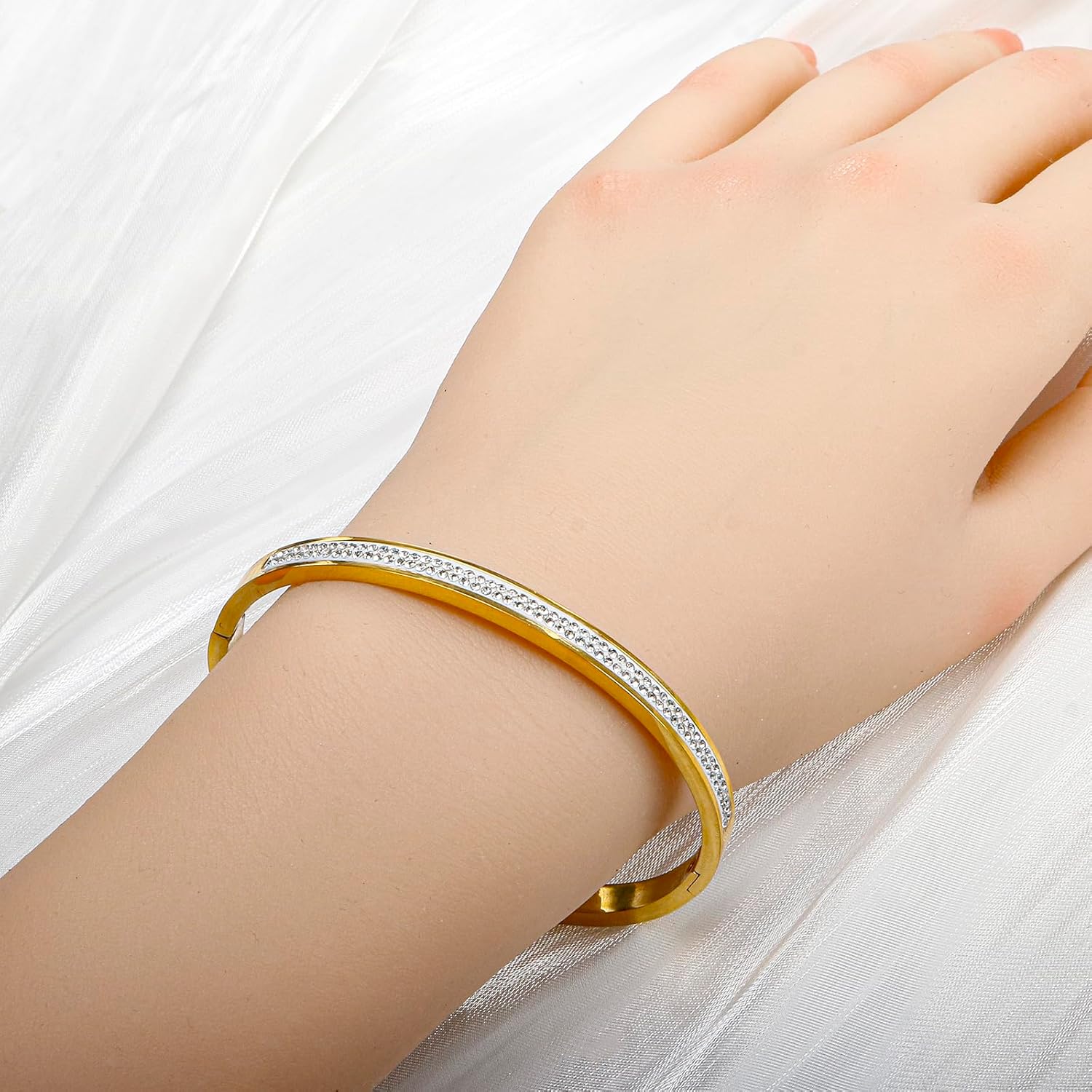 Gold Bangle Bracelets for Women, 18K Gold Plated CZ Simulated Diamond Dainty Small Elegant Vintage Thin Stacking Bangle Bracelets Woman 6.7” - Image 2