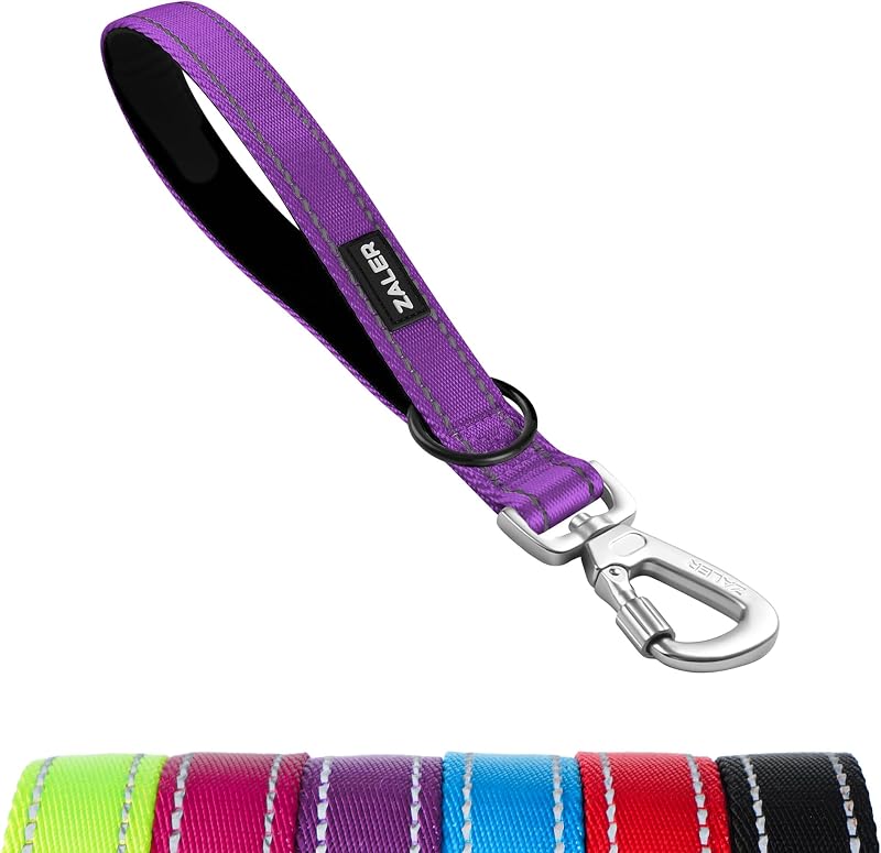 Guia curta para cães ZALER em nylon refletivo com mosquetão de trava e alça acolchoada Roxa 30 cm