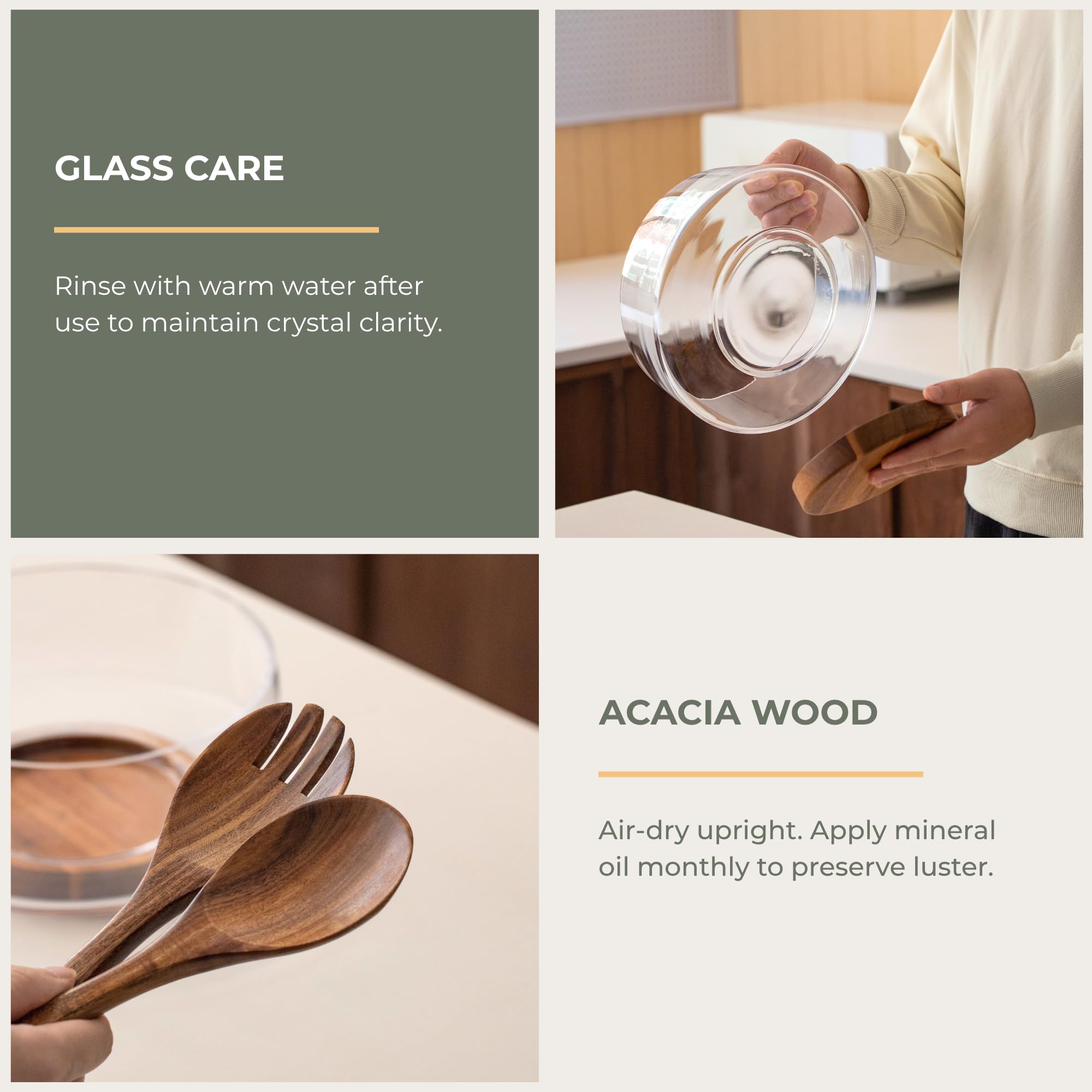 muso wood Ensemble saladier en verre de grande capacité avec base en bois d'acacia et cuillère-fourchette à salade, parfait pour les réunions de famille et les dîners