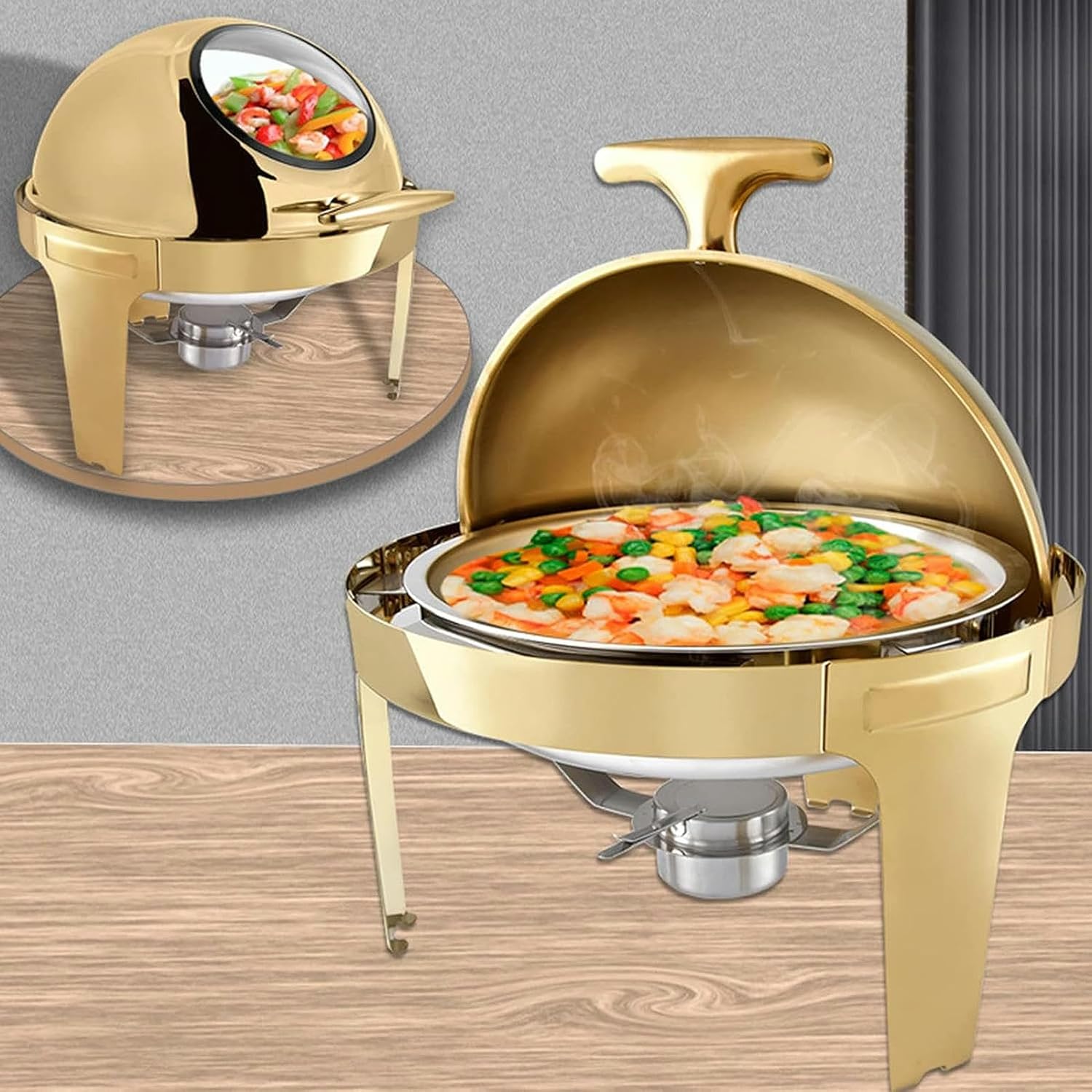 Food Heaters for Catering Events - Stainless Steel Hot Pot Buffet Set, Rectangular Catering Stamp Set, Stainless Steel Hot Pot with Glass Lid and Stand, Food P(Semi-Gold Plated Steel Cover-6L