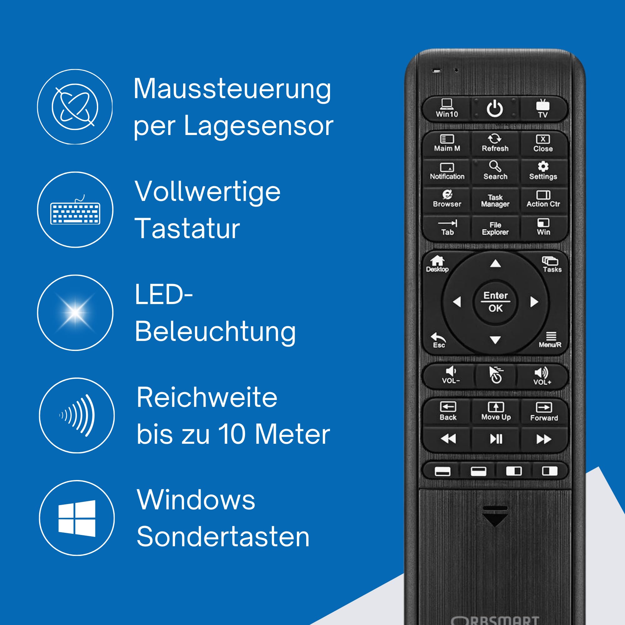 Orbsmart WA-1 Windows Airmouse Tastatur QWERTZ, PC & HTPC Fernbedienung | LED-Beleuchtung & Infrarot-Anlernfunktion. Umfangreiche Sondertasten. Steuerung per Gyro-Sensor