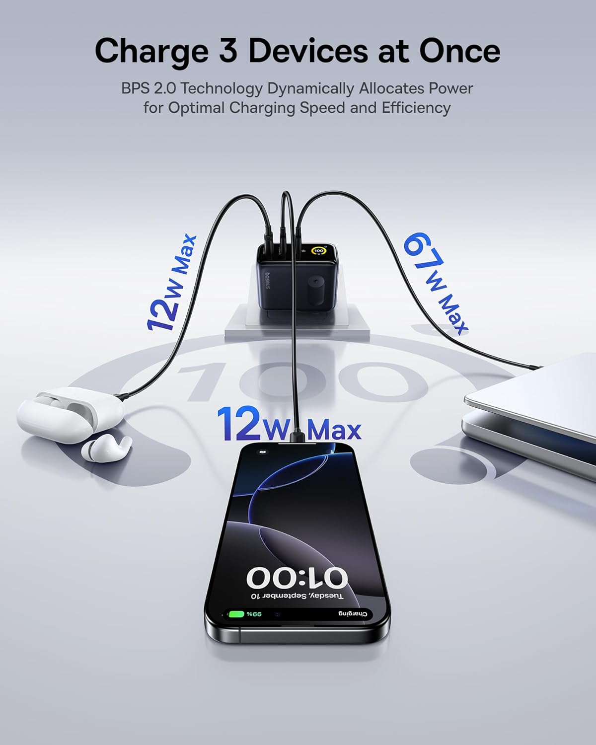 Baseus charger simultaneously charging a laptop, smartphone, and earbuds