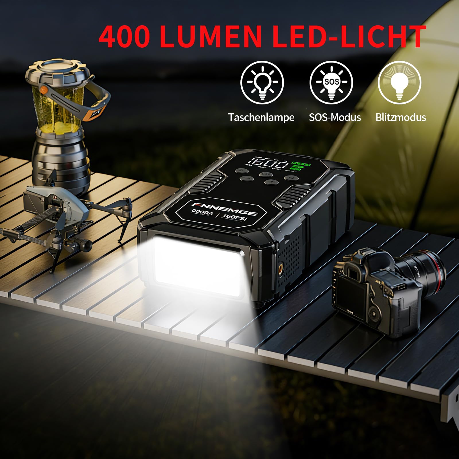 FNNEMGE Starthilfe Powerbank 26800mAh 9000A Spitzenleistung, mit 160PSI Kompressor, 12V(Alle Benzin und 12,0L Diesel) Auto Upgrade Booster, mit USB-Ladeausgang, LED-Leuchten, LCD Bildschirm.