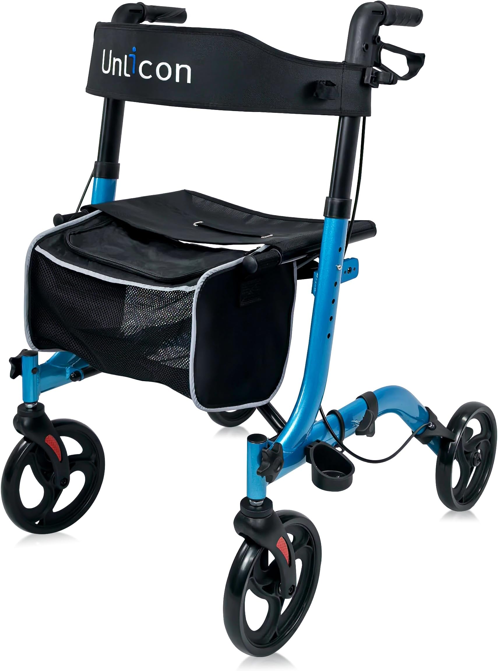 UNLICON Rollator Walkers for Seniors Folding Rollator Walker with Seat and Four 8 inch Wheels Medical Rollator Walker with Comfort Handles and Thick Backrest Aluminium Frame, Blue