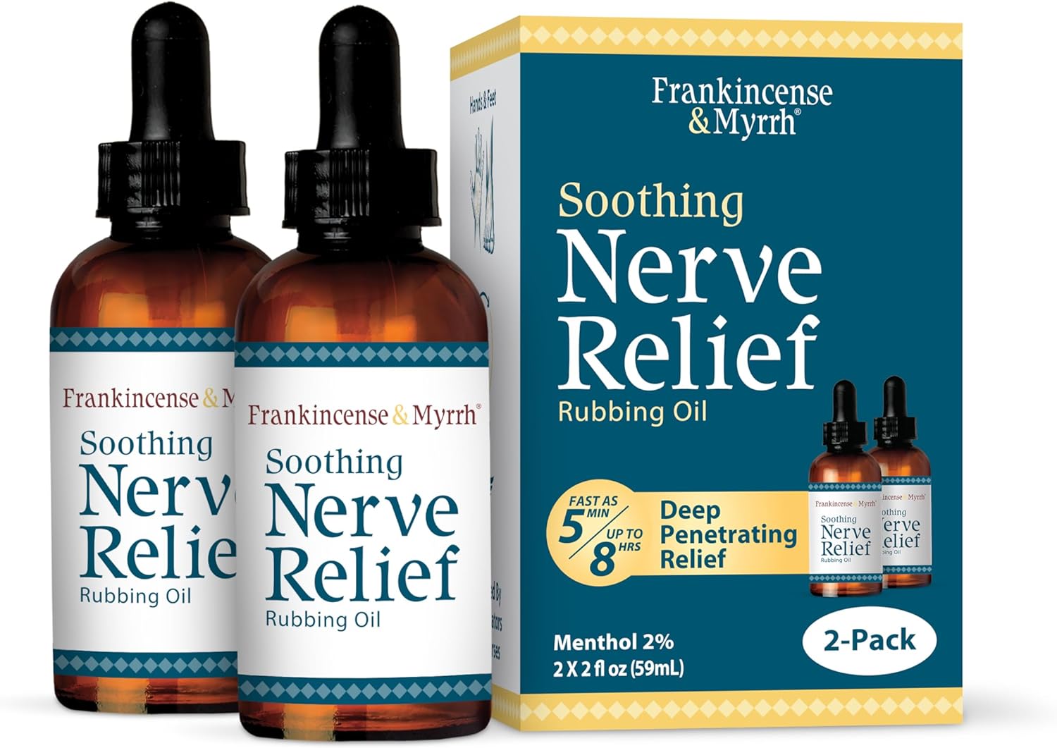 Frankincense & Myrrh Neuropathy Nerve Pain Relief Rubbing Oil, Soothing Relief for Hands Feet, Burning, Tingling, Numbness, Pins & Needles, Safe for Diabetics, Menthol + 9 Essential Oils, 2 Pack, 2oz