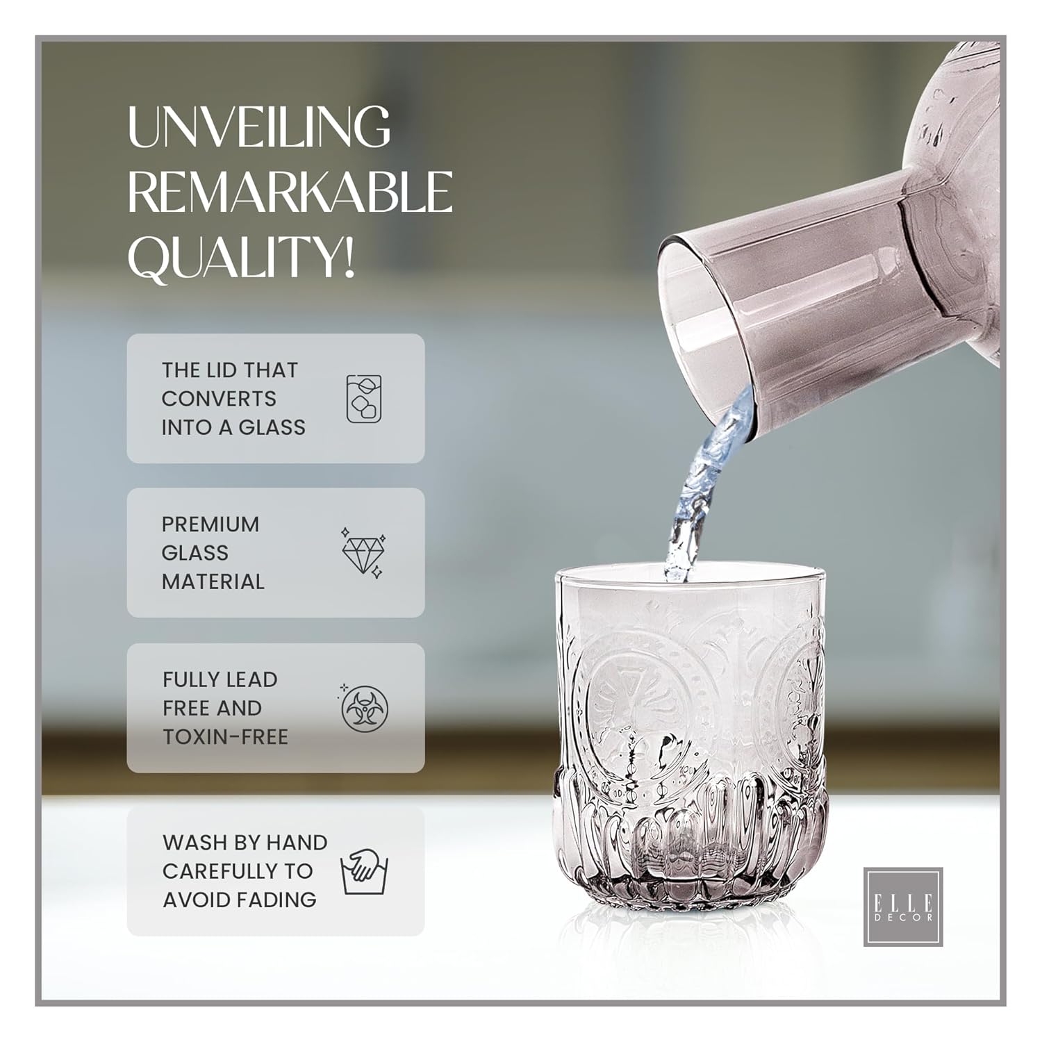 elle decor 2 Pc Carafe Set | Bedside Night Water Carafe | Glass Pitcher and Cup that Doubles as a Lid | Glass Tumbler Perfect for Storing Water, Juice, and Other Drinks on Desktop/Shelf (Gray) - Image 4