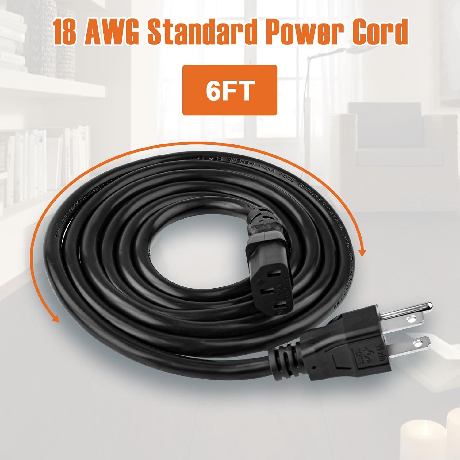 5 Pack 3-Prong Replacement Computer Power Cord, 6FT AC Power Cord Cable for Electronics, TV, Computer, Printer, Radio, Monitor, Samsung, Dell, Vizio, LG, Asus, Laptop and More, 18 AWG, 125 V