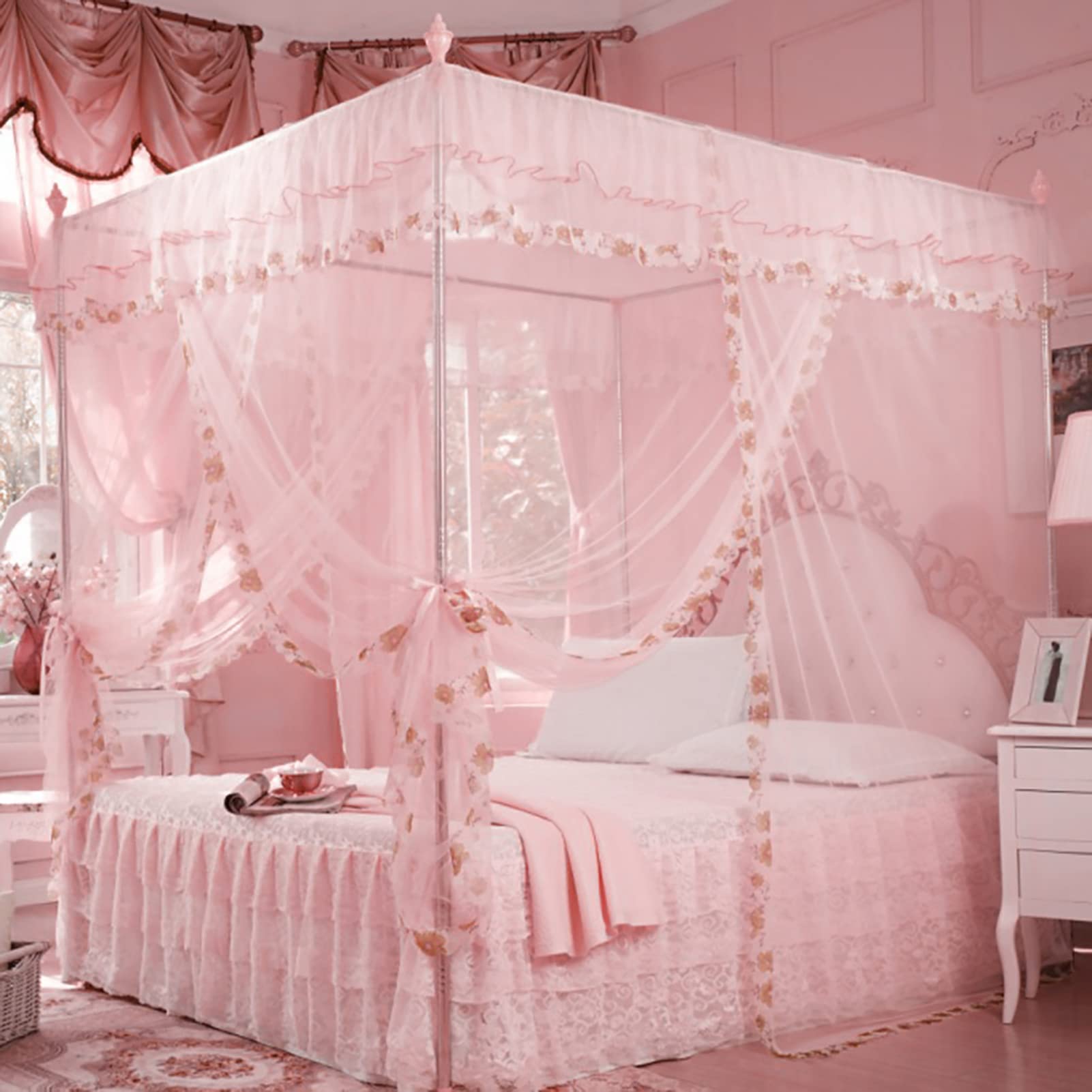 Betthimmel Moskitonetz Bett für Mädchen Luxus-Prinzessin-Quarterposten-Bettvorhänge 3-türiges Netzgewebe Rosa 150x200x200cm