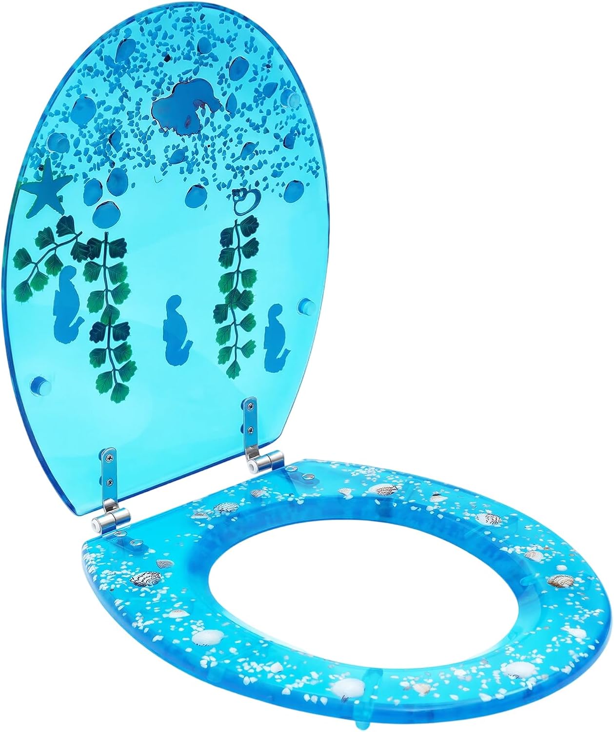 Resin Toilet Seat Round, Soft Close Quick Release Seat and Lid Replacement, Heavy Duty Elongated Toilet Seats Kit, Easy to Clean, Upgraded Hinges, for Residential Bathroom(17Inch, Ocean)
