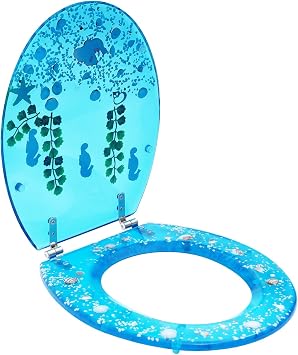 Resin Toilet Seat, Ocean Decorative Toilet Seat with Blue Sea Fish & Shells Quiet Slow-Close Lid with Metal Hinges 360 Rotatable for U- V- and O-Shaped Toilets 1417 Inch Blue