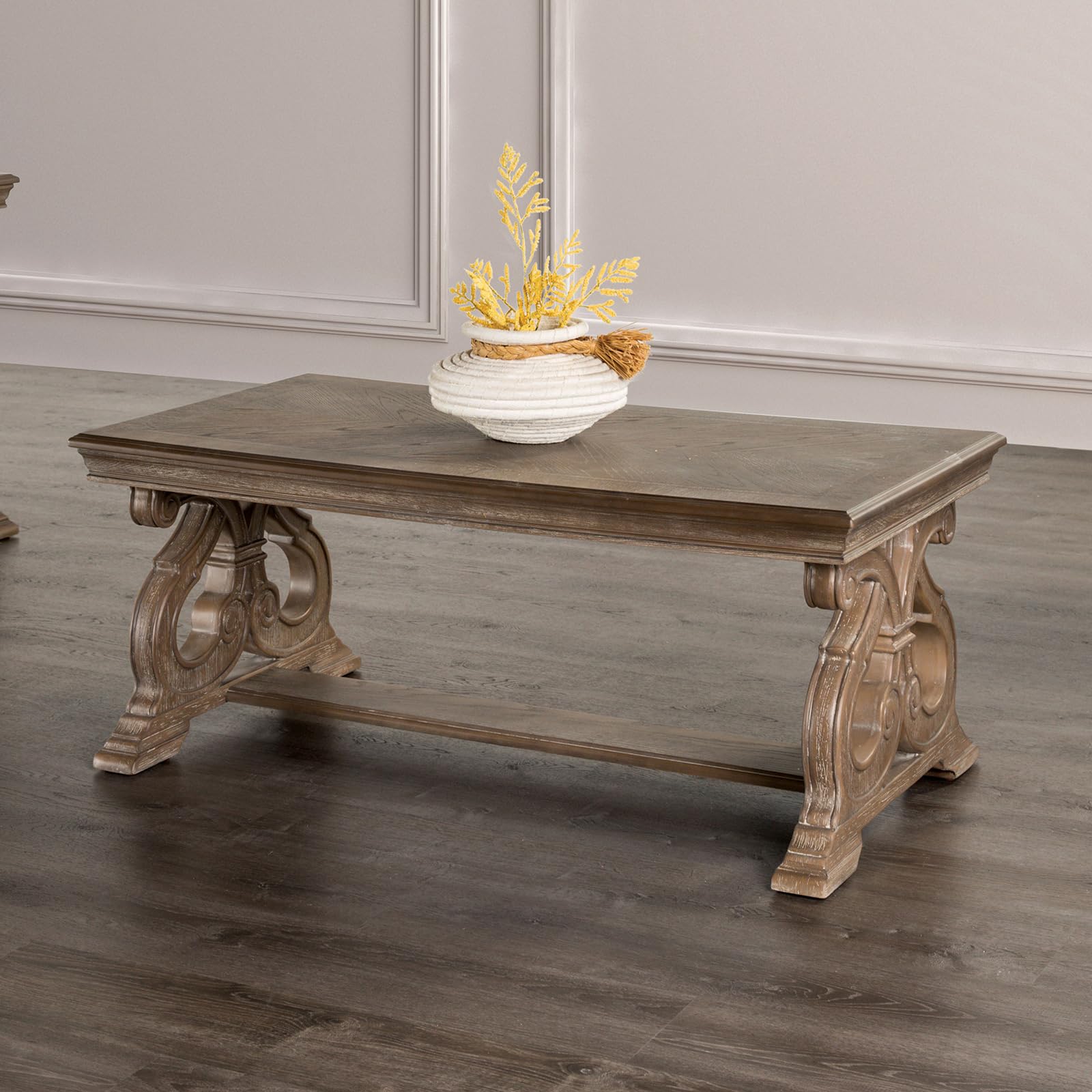 Coffee Table Traditional Curved Scroll Legs Carved Details Weather Oak Solid Wood Top 52x28x20 Inch Living Room Center