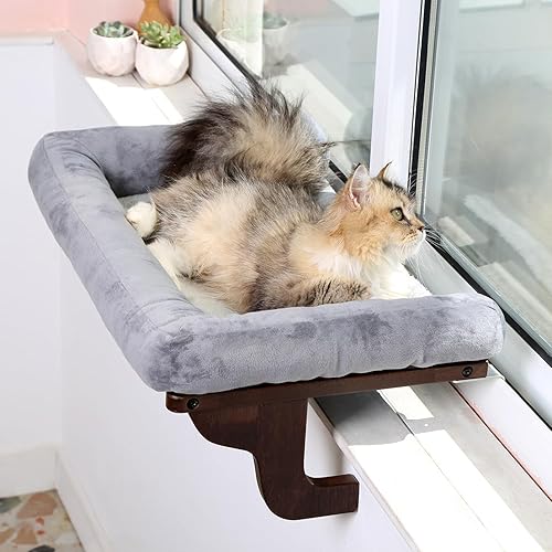 Miniatura 16 de Zakkart Percha para gato para alféizar de ventana con refuerzo, diseño ortopédico de hamaca con madera dura de primera calidad y marco de metal