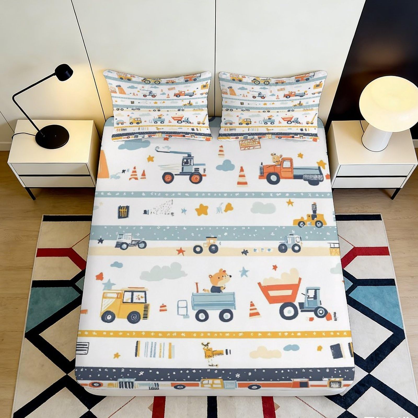 Jqzkxnhpbr Style-10 3D Printed Construction Vehicles Fitted Sheet Microfiber Soft Breathable Roadwork Bed Cover For Bedroom Dorm Mattress Protection Decor 90X200x25cm