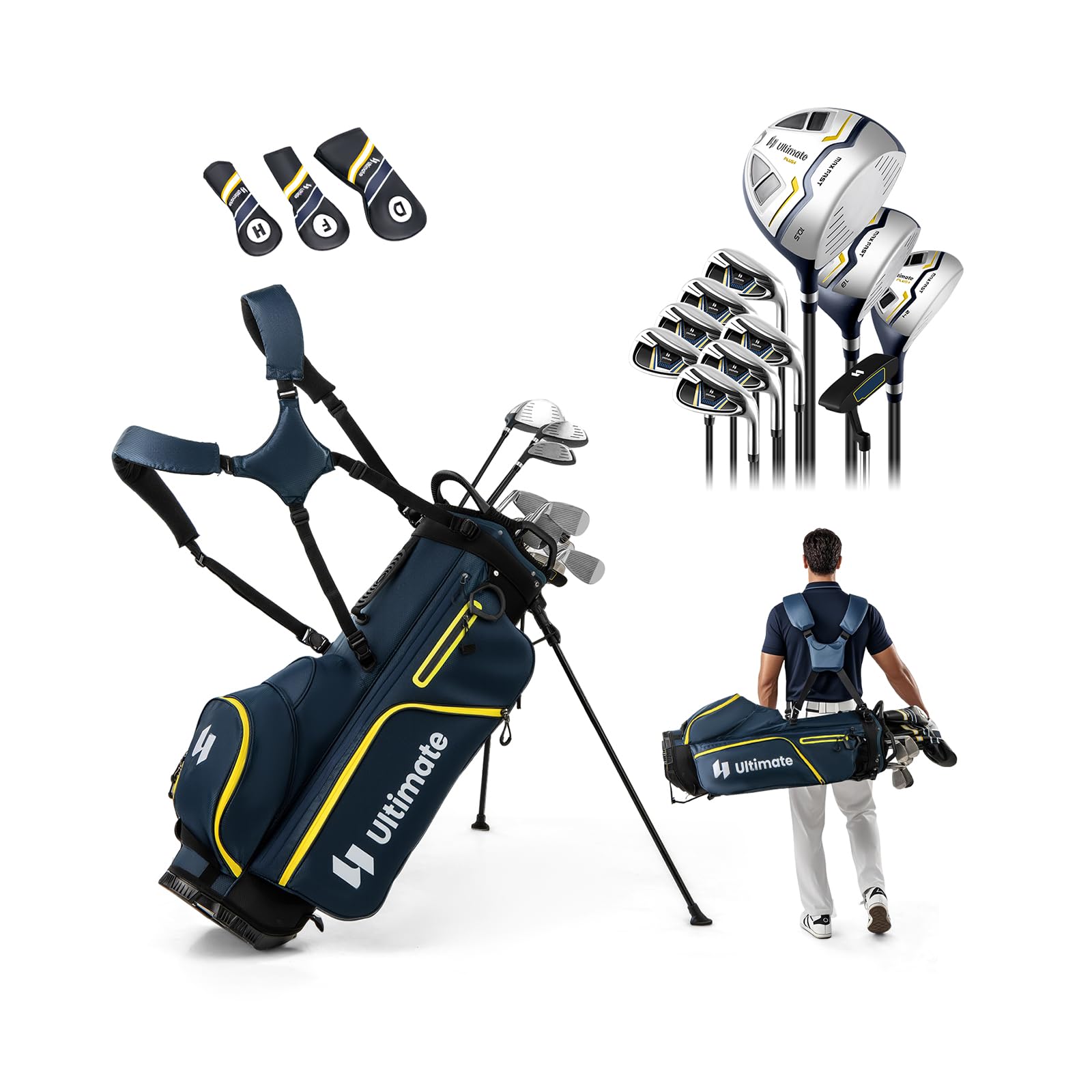 GOPLUS Juego de Palos de Golf para Hombre, Set de Golf de 15 Piezas con Bolsa de Pie, Funda para Lluvia, Funda para la Cabeza del Palo, Driver #1, Fairway #3, Híbrido, Hierros #5/6/7/8/9/P/S