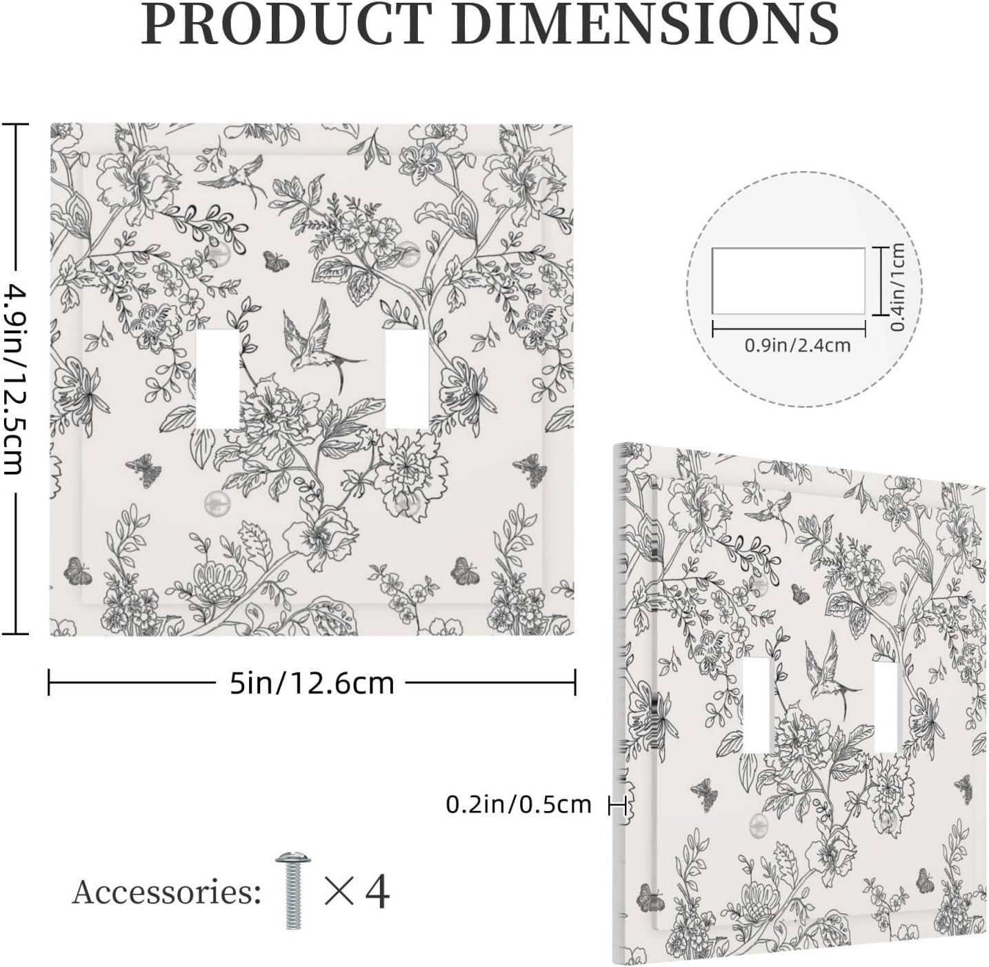 Decorative Light Switch Plate Covers Country Black and White Floral Flowers Birds 2 Gang Wall Plate Double Toggle Switch Cover Plate Electric Dual Device Electrical Faceplate