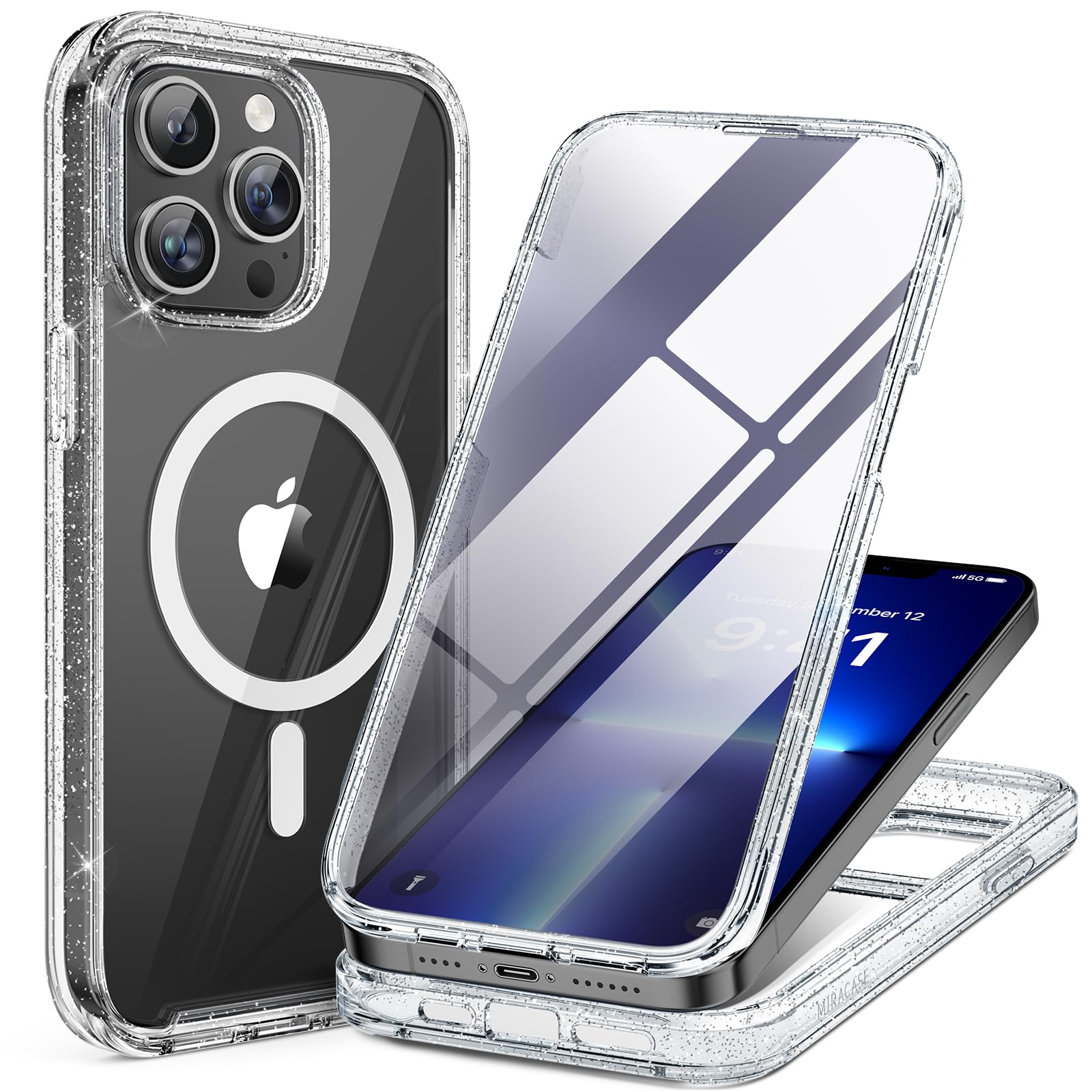 Miracase Magnetic for iPhone 13 Pro Max Case 6.7 inch, (Compatible with MagSafe) Upgrade Full-Body Clear Phone Bumper Case with Built-in 9H Tempered Glass Screen Protector, Magnetic Glitter Clear