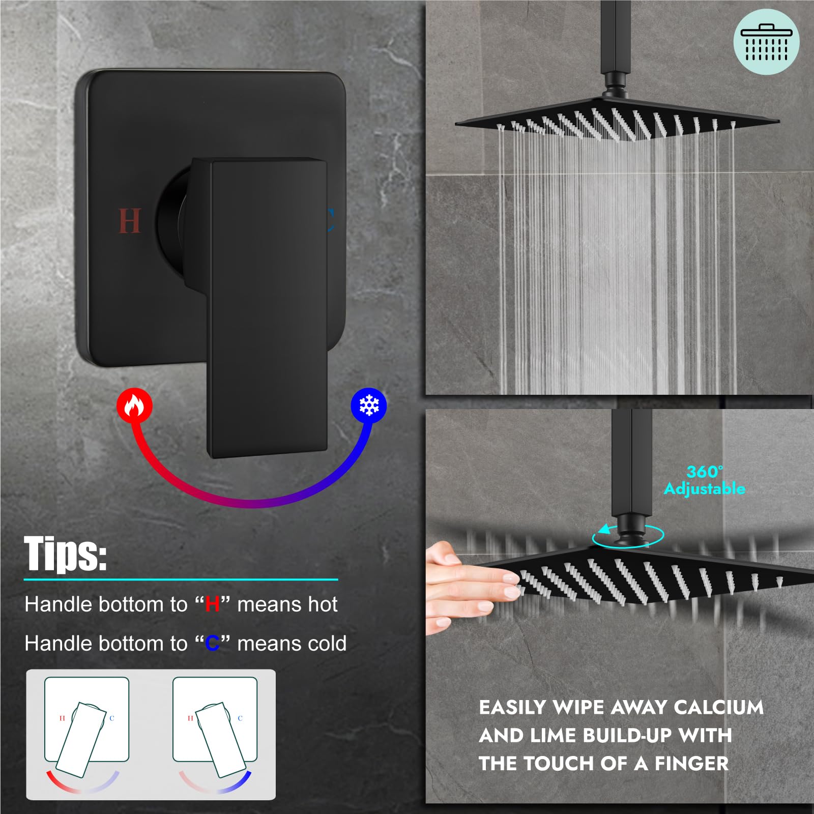 Juego de grifo de ducha cuadrado de acero inoxidable para baño, sistema de ducha de lluvia con una manija, kit de molduras de ducha de una sola función con válvula áspera, rosca macho, montaje 4