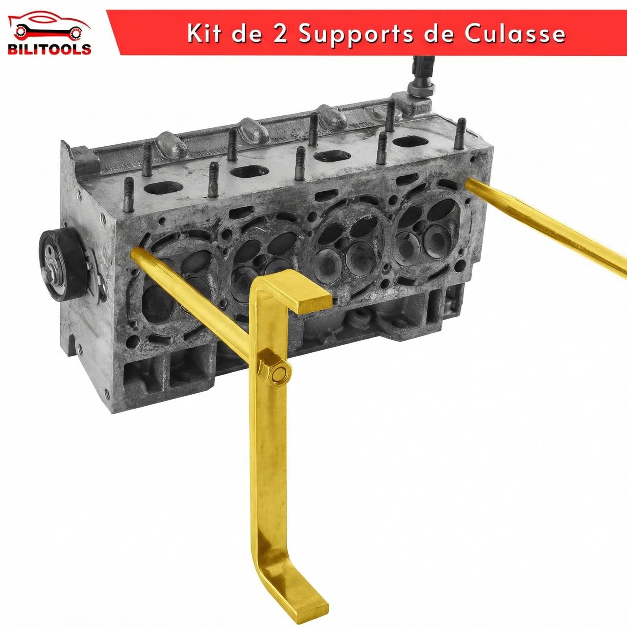 BILITOOLS Support de Culasse avec Pointes Coniques, Support de Culasse Universel en Acier Robuste pour Maintenance & Réparation Moteur