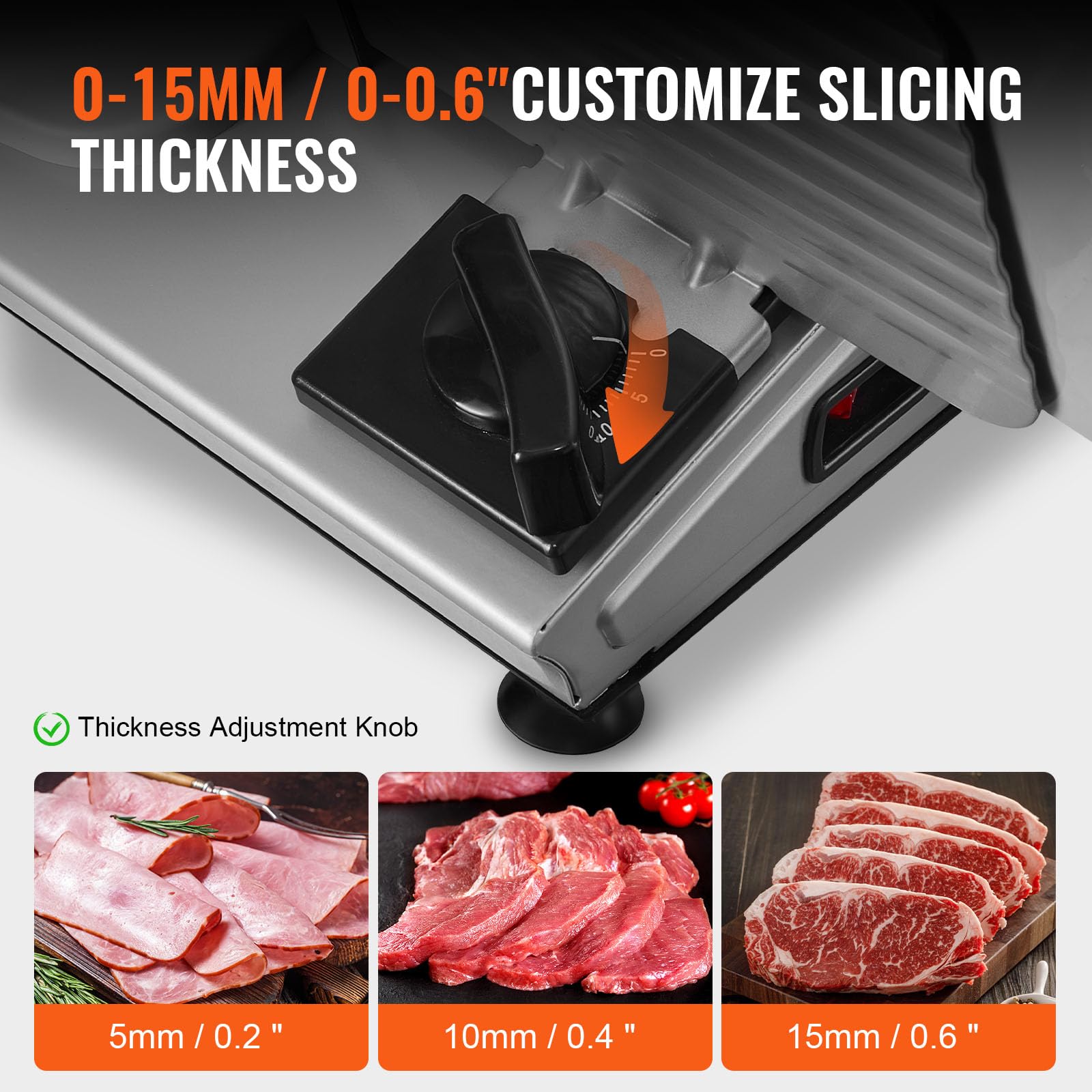 VEVOR Heimgebrauch Fleisch Allesschneider 180 W, 80–120 U/min Elektrische Aufschnittmaschine Lebensmittelschneider mit SUS420 Klingen, 0–15 mm Einstellbare Dicke für Fleisch, Käse usw.
