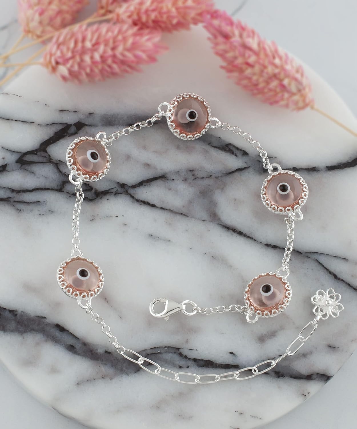 Filigranist Gold Plated - Sterling Silver Translucent Murano Glass Evil Eye Women Charm Link Bracelet, Gift Boxed