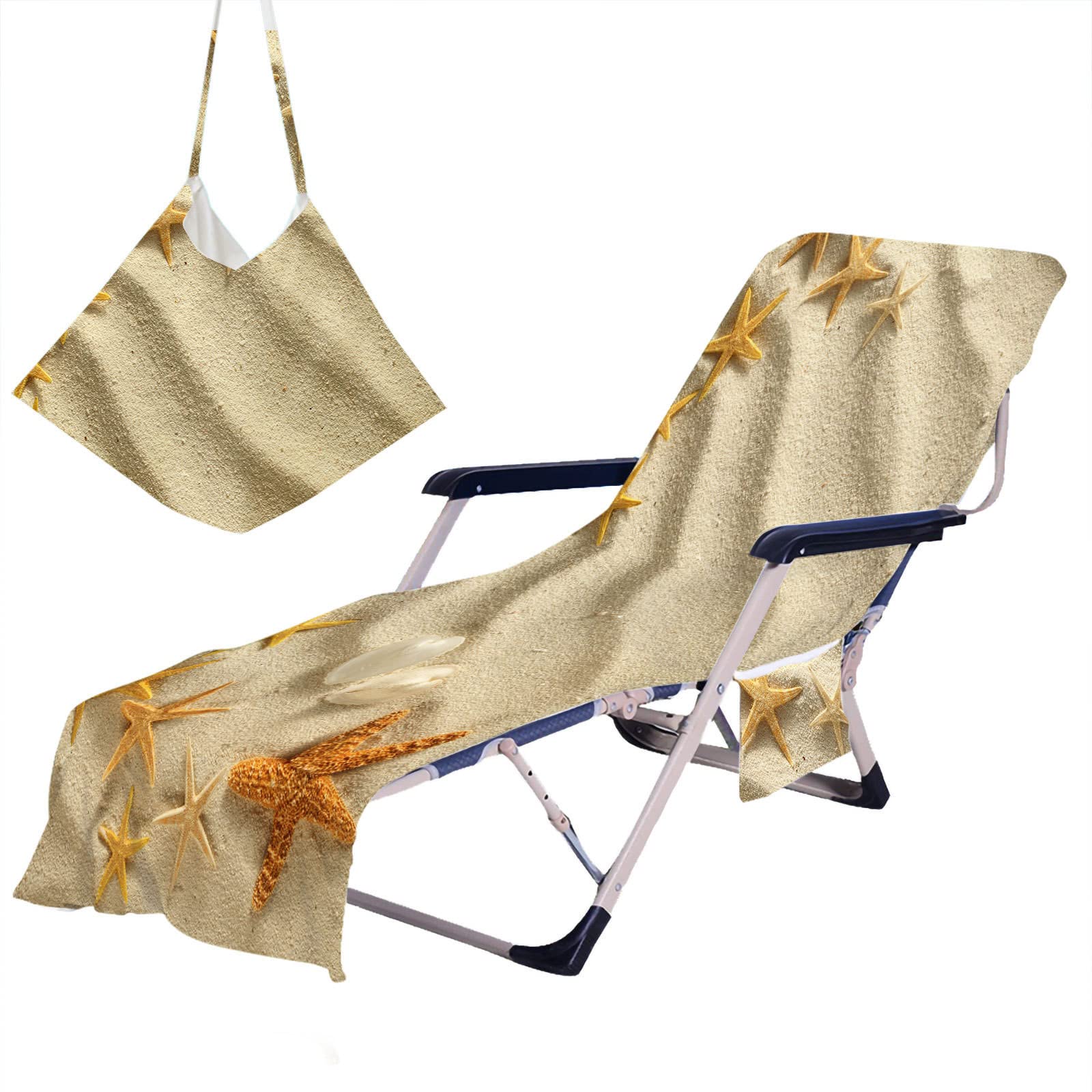 RRrawgff Beach Chair Cover Towel, Starfish Pattern Beach Towel Lounger Bags with Pockets Sunbed Towels Fitted Microfiber Sun Lounger Towels for Summer Garden Pool Vacation (Sandy Beach)