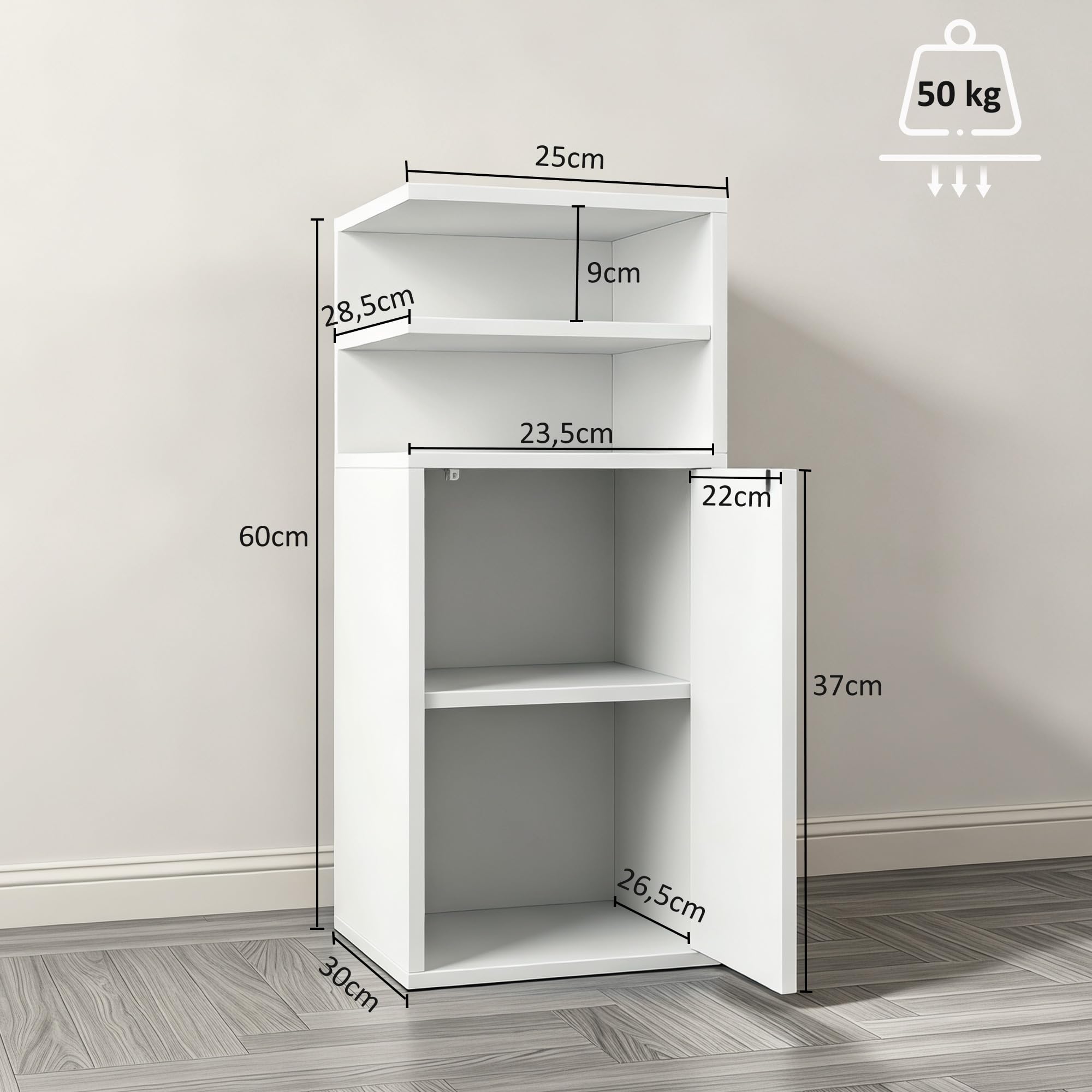HOMCOM Juego de 2 Mesitas de Noche Estrechas para Dormitorio Blanco | con Puerta, Compartimentos Abiertos, Mesa Auxiliar para Salón, Espacios Reducidos, 25x30x60 cm