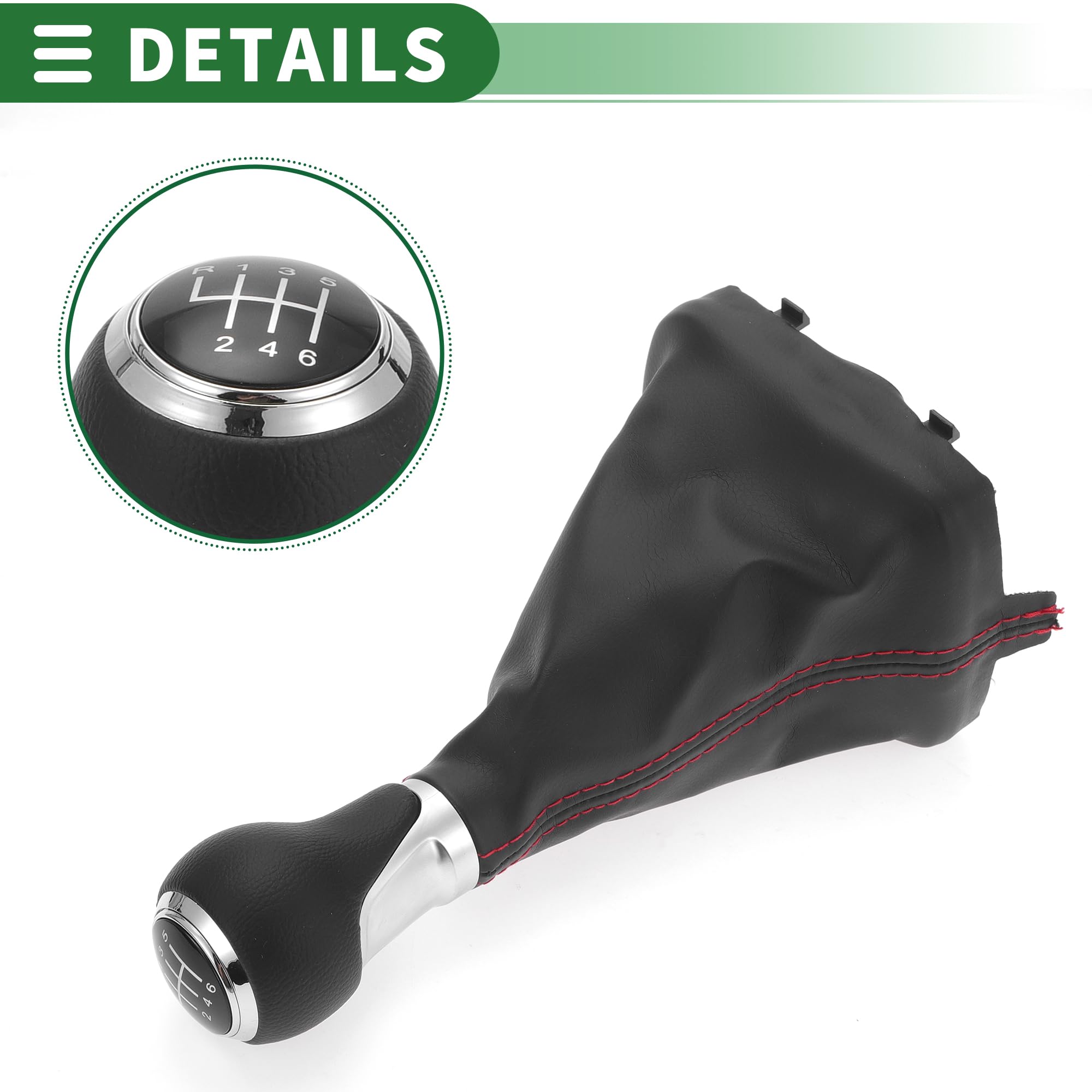Motoforti Pomello Cambio Manuale 6 Marce Con Copertura In Finta Pelle – Per Audi A3 8P 2003-2013, Leva Cambio Rosso/Nero, Tono Argento Opaco
