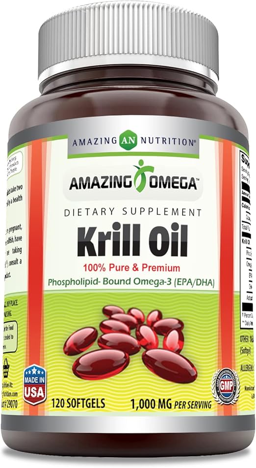 Amazing Omega Krill Oil with Omega 3s EPA, DHA, Phospholipids and Astaxanthin 1000 Mg per Serving 120 softgels Supplement | Non-GMO | Gluten Free