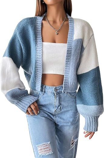 GORGLITTER Women's Colorblock Long Sleeve Cropped Cardigan Drop Shoulder Open Front Knit Colorful Sweater Cardigan
