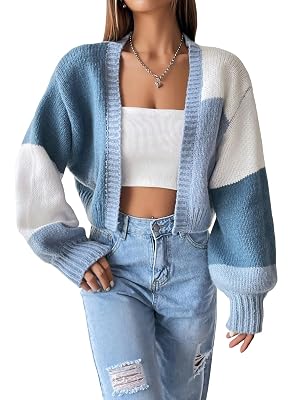 GORGLITTER Womens Open Front Cropped Cardigan Sweaters Colorful Long Sleeve Chunky Knit Top Color Block Short Cardigan