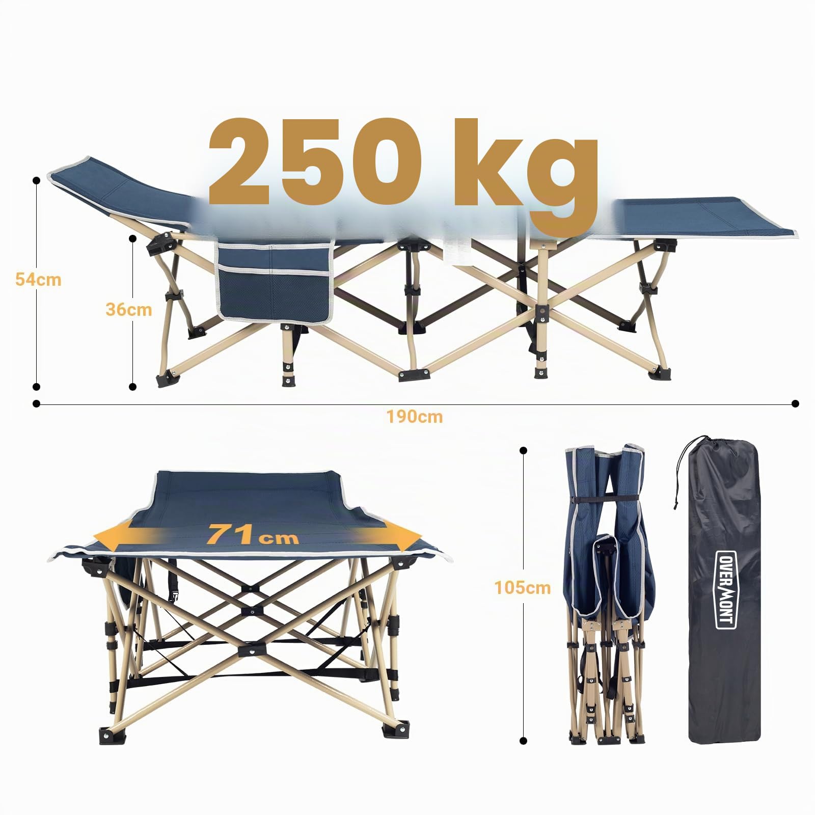 OVERMONT Lit de Camping Pliable - Lit de Tente avec Sac de Transport, Lit de Voyage Portable en Toile Oxford à Double Couche, Léger, pour la Maison, la Sieste au Bureau Jardin la Plage - Bleu