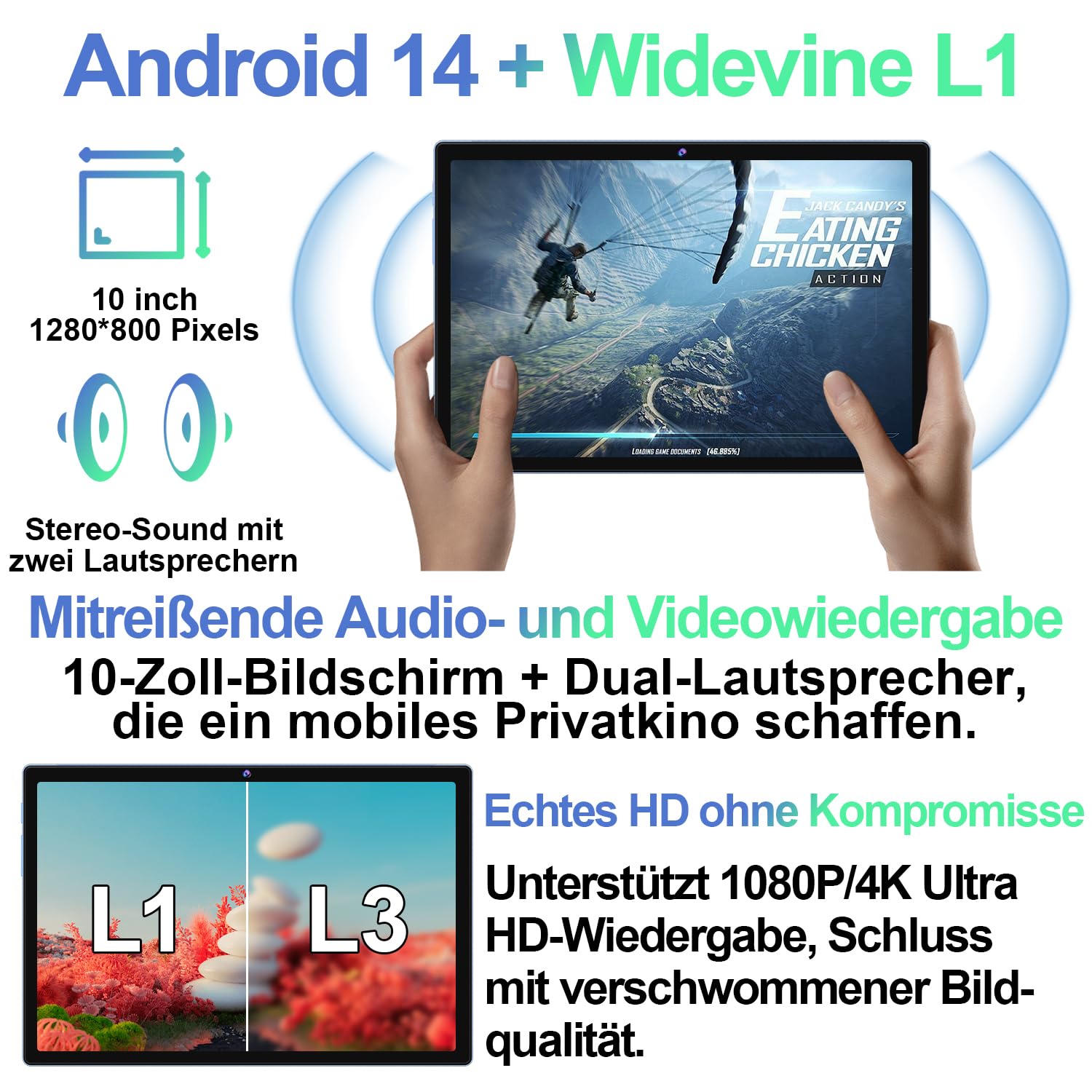 JUEDUR Tablette Android 14 Tablette Tactile 11 Pouces, 24 Go RAM+256Go ROM(1TB TF) Octa-Core | 2.0Ghz | 2.4G+5G WiFi6 | Widevine L1 | 8000mAh | Face ID | LCD 1280 * 800