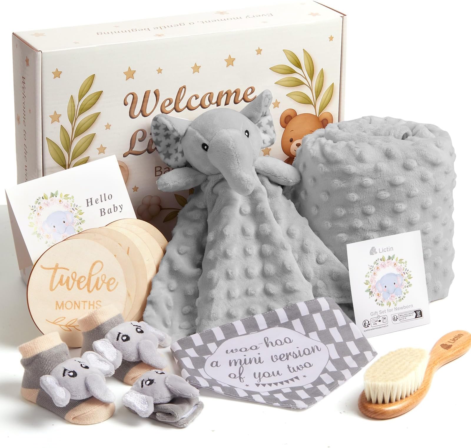 Lictin Baby Gift Set for Boys Girls, 14PCS Baby Shower Gifts, Neutral Newborn Gifts Basket with Baby Blanket, Wooden Monthly Milestone Cards, Elephant Security Blanket (Grey, 14pcs)