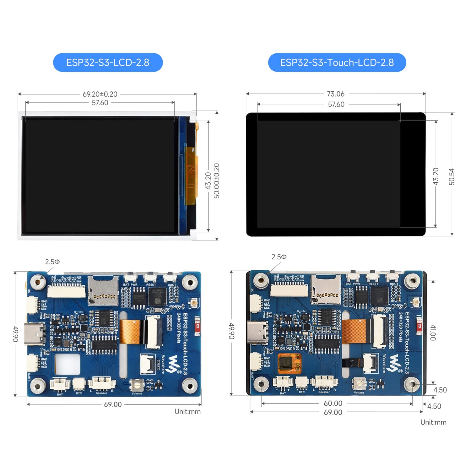 Waveshare ESP32-S3 2.8inch Capacitive Touch Display Development Board, 240x320, IPS, 5-Point Touch, 32-Bit LX7 Dual-Core Processor, Up to 240MHz Frequency, Supports WiFi & BT, Onboard Antenna