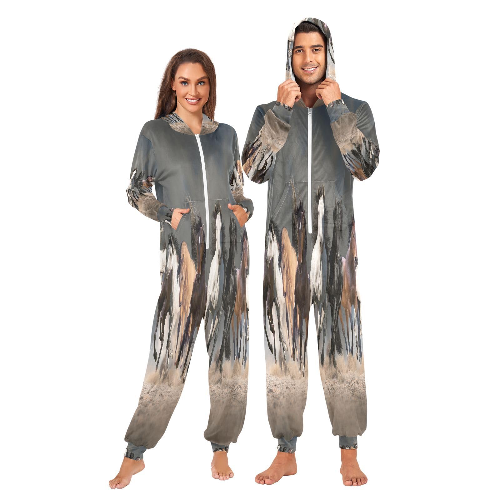 Pyjama pour adulte - Motif cheval - Pour homme et femme - Costume une pièce - Vêtement de nuit assorti pour femme