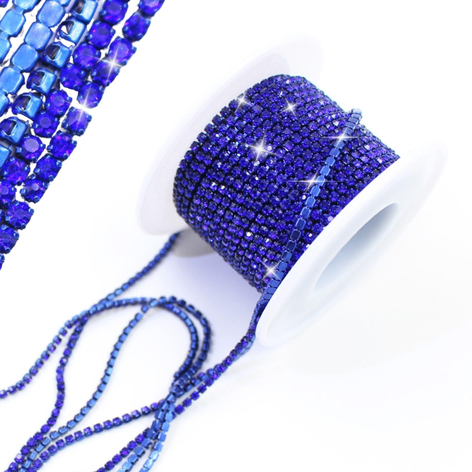 PEARLY JUN 10 Yards Blue Rhinestone Chain Sapphire Rhinestone Trim Crystal Artificial Stone Trim Cup Chain SS6 2mm Color Plated Cup Stitch Costume Decoration