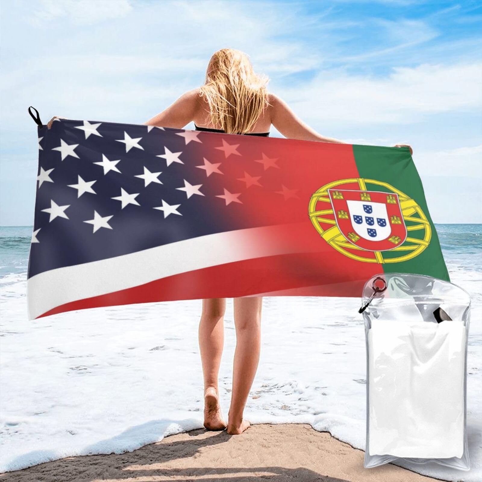HACXZ Funny America Flag and Portugal Portuguese Flag Absorbent Beach Towel Microfiber Beach Shower Towel 31.5"X63"