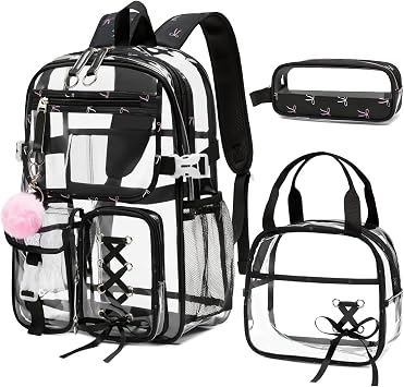 Bevalsa Clear Backpack for Girls, Transparent Backpack with Lunch Bag & Pencil Case for Kids Elementary Middle High school Student, Heavy Duty See Through Clear Bookbag Stadium Approved
