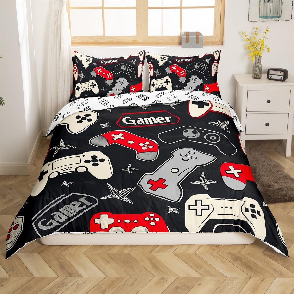 Kids Gamer Bedding Set Full Size,Gaming Fitted Sheet for Boys Teens Adults Room Decor,Video Games Controller Colorful Buttons Sheet Set 3Pcs,Hand Drawn Stars Gamepad Bed Sheet,2 Pillowcases image 2